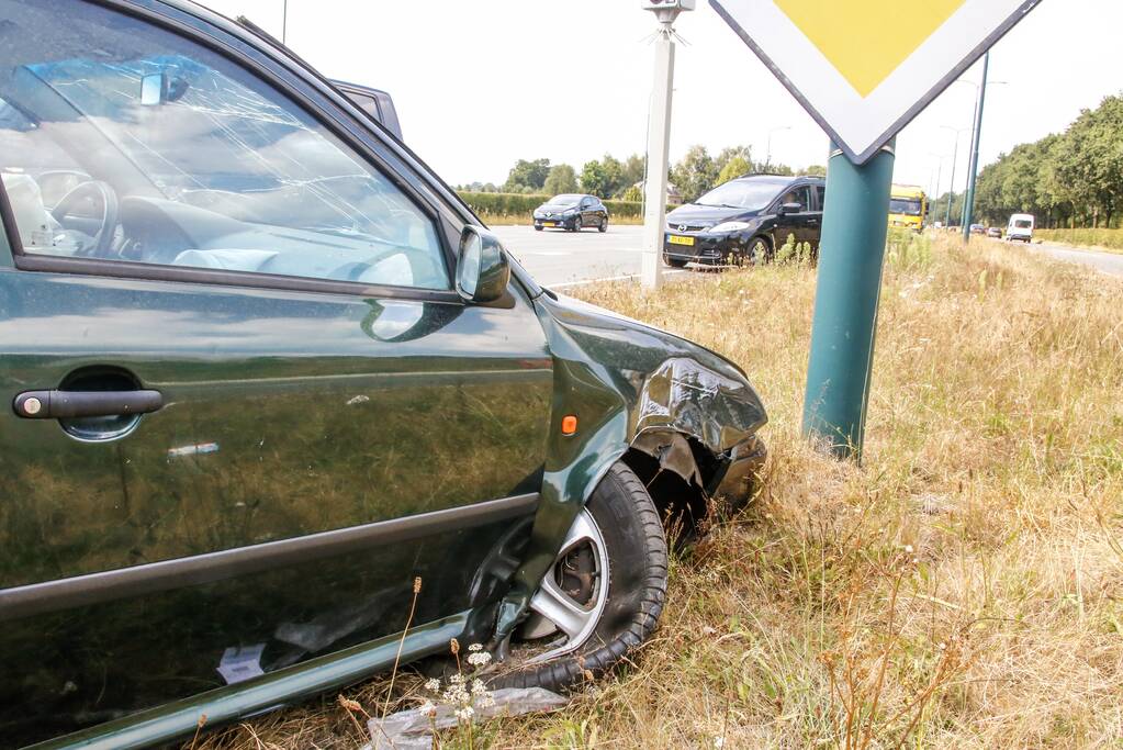 Automobilist vliegt over vluchtheuvel en ramt stoplicht