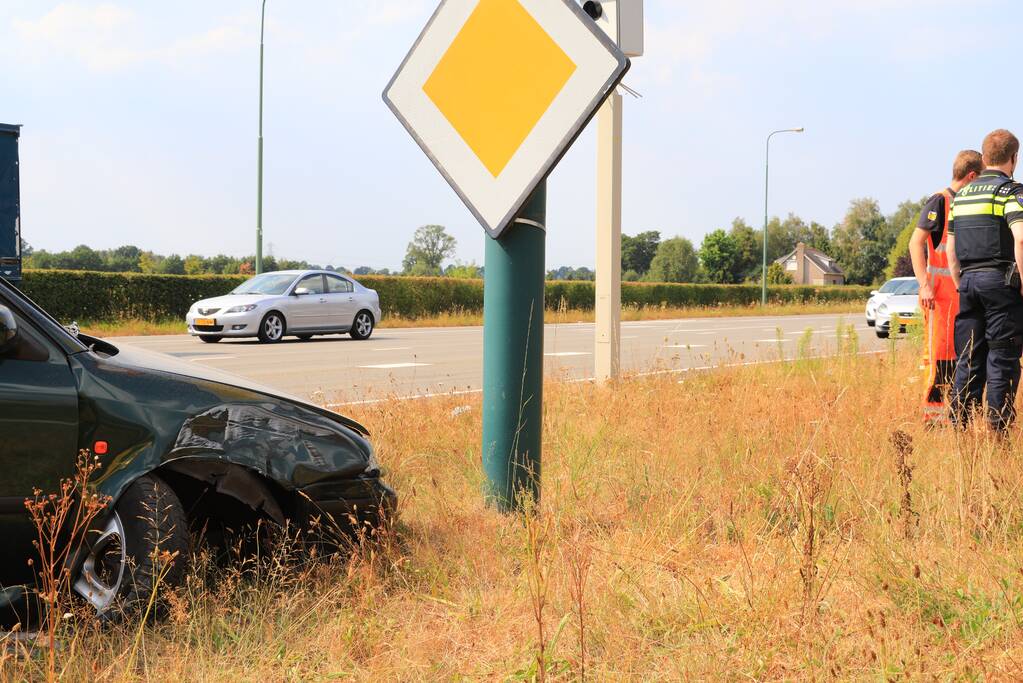 Automobilist vliegt over vluchtheuvel en ramt stoplicht