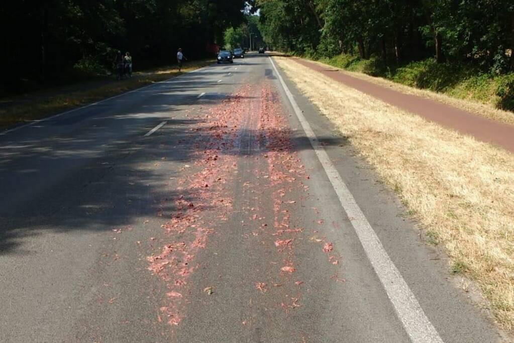 Slachtafval valt van vrachtwagen op weg