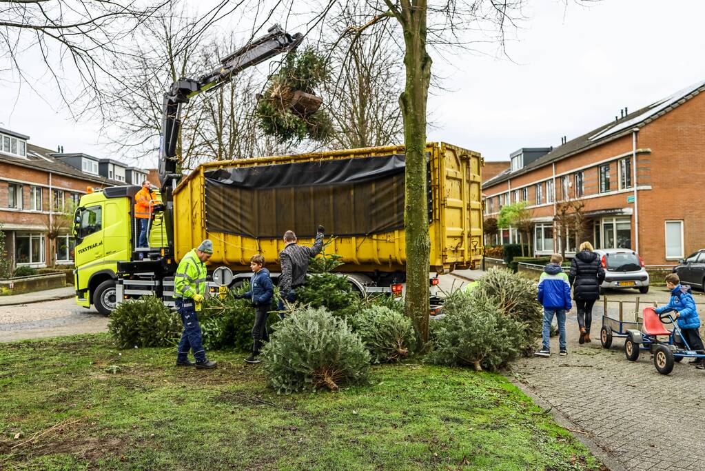 Buurt druk in de weer met ingezamelde kerstbomen