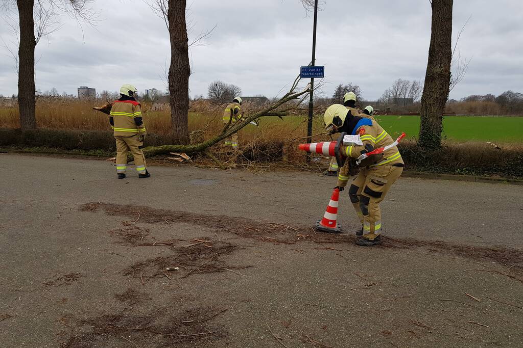 Grote takken vallen op wegdek door storm