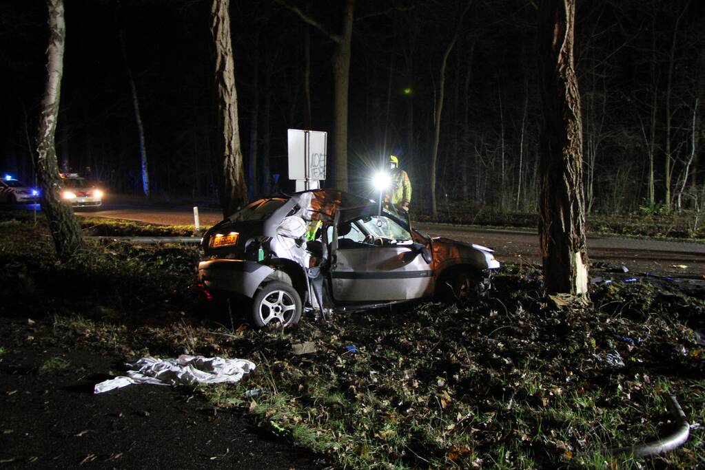 Auto knalt tegen lantaarnpaal en eindigt tegen een boom