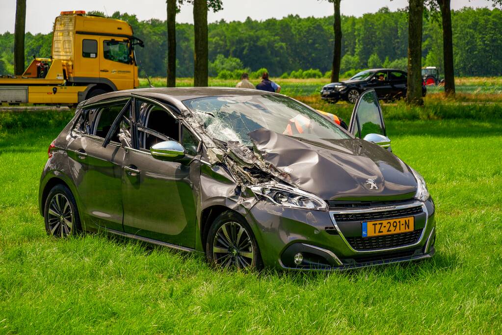 Auto slaat over de kop en belandt in weiland