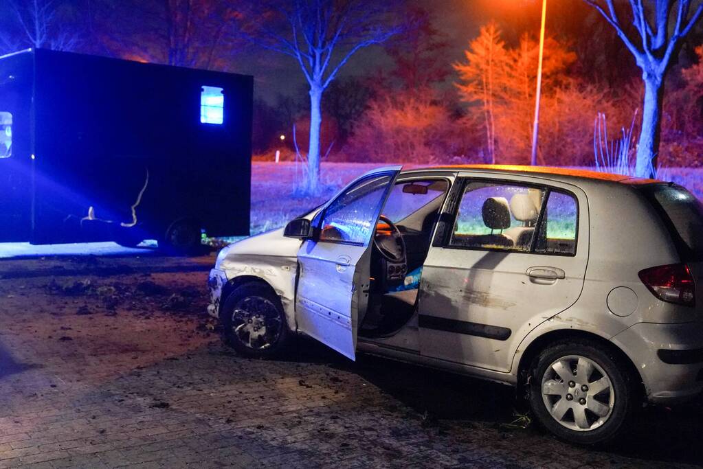 Auto raakt van de weg en botst op paardenvrachtwagen