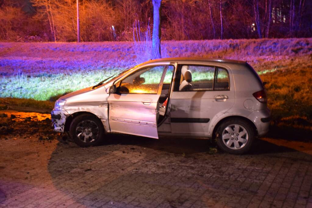 Auto raakt van de weg en botst op paardenvrachtwagen