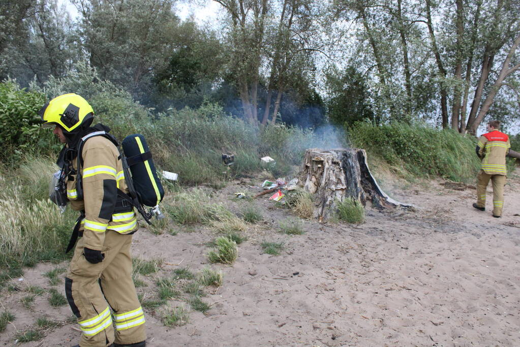 Smeulbrand in grote stronk van boom