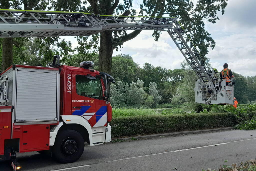 Brandweer verwijdert loshangende takken boven wegdek