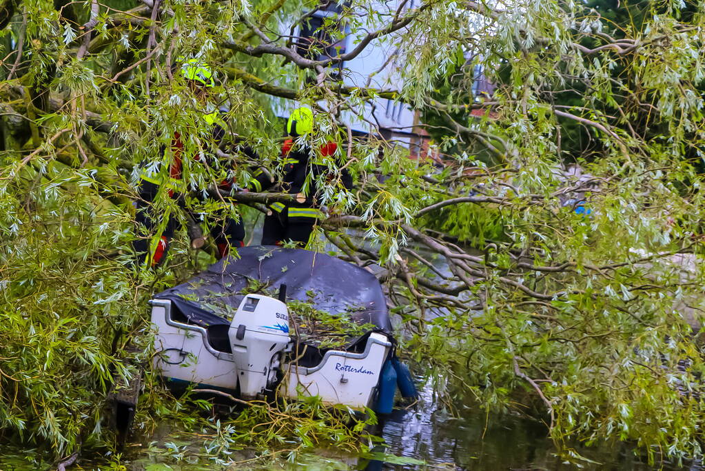 Grote boom valt om en komt terecht op boot