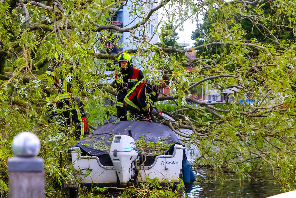 Grote boom valt om en komt terecht op boot