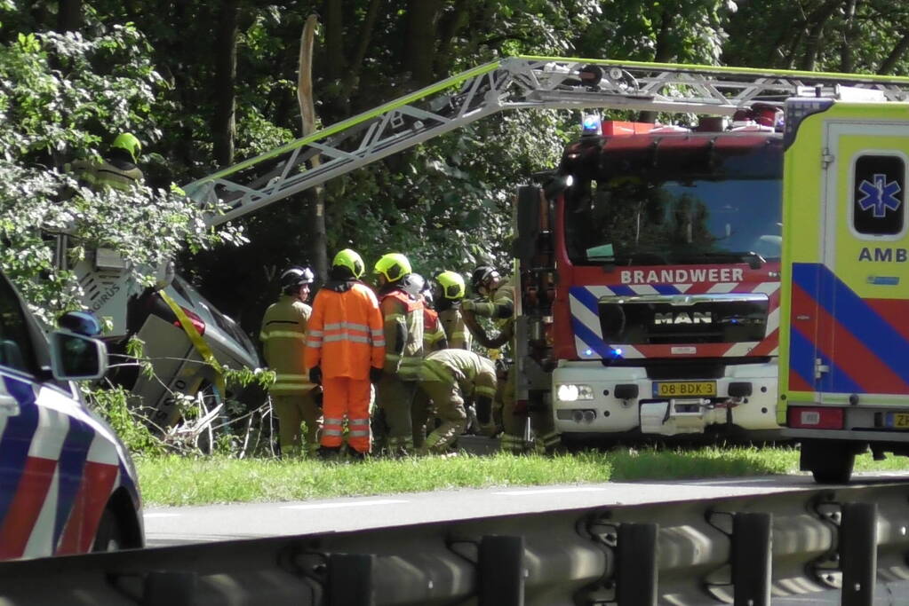 Bestuurder bestelbus raakt van de weg en belandt in bosschage