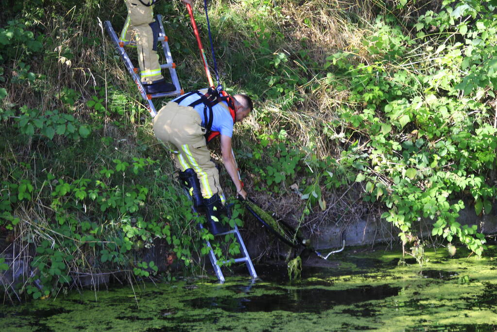 Brandweer haalt fiets en verkeersbord uit water