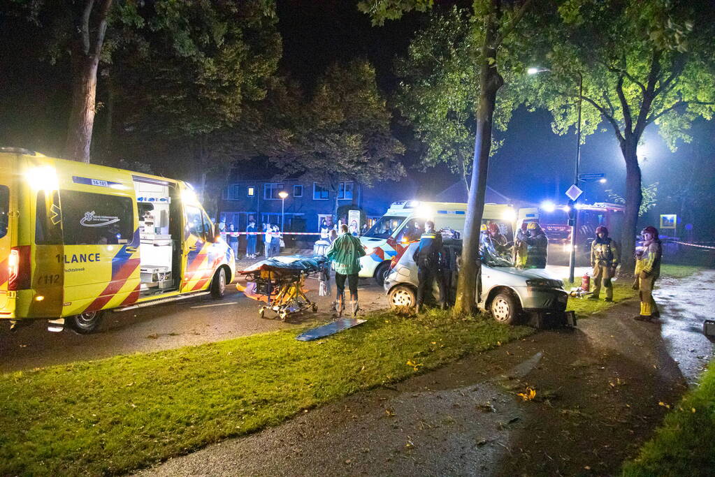 Auto zwaar beschadigd door botsing tegen boom