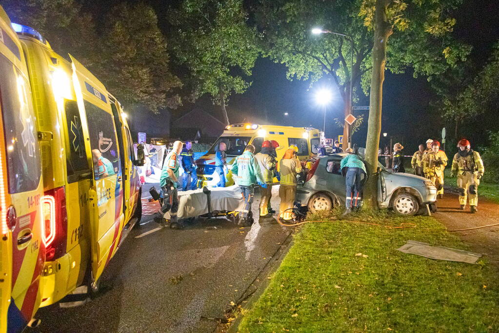 Auto zwaar beschadigd door botsing tegen boom