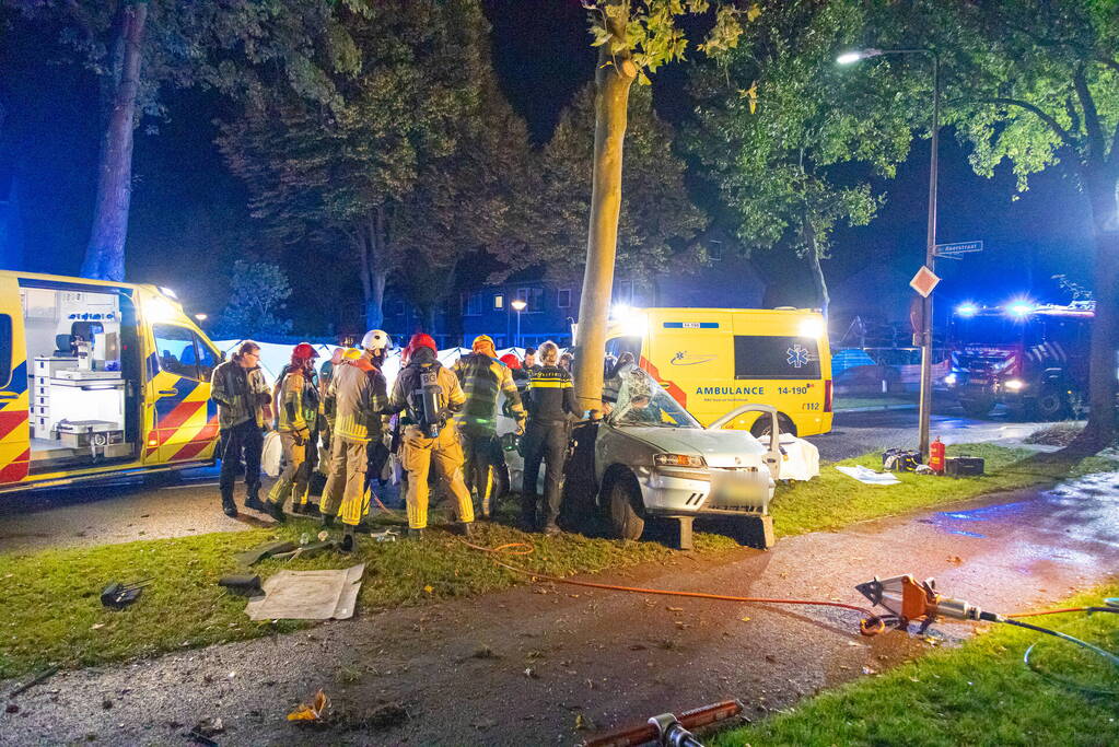 Auto zwaar beschadigd door botsing tegen boom