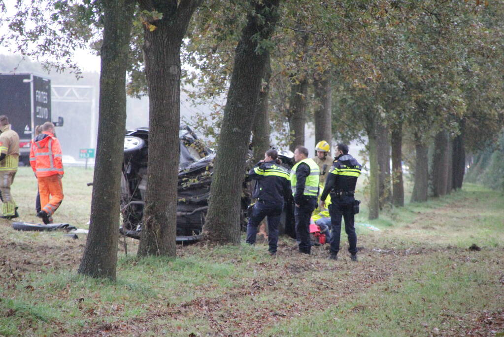 Auto zwaar beschadigd na botsing tegen boom langs snelweg