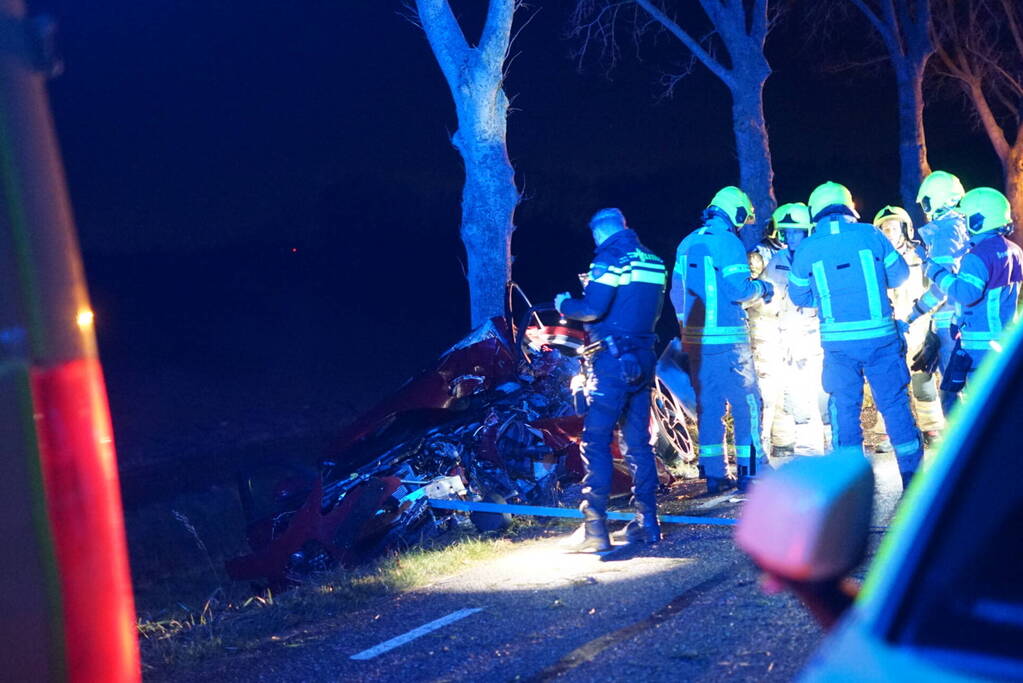 Auto zwaar beschadigd na frontale botsing tegen boom, bestuurder zwaargewond