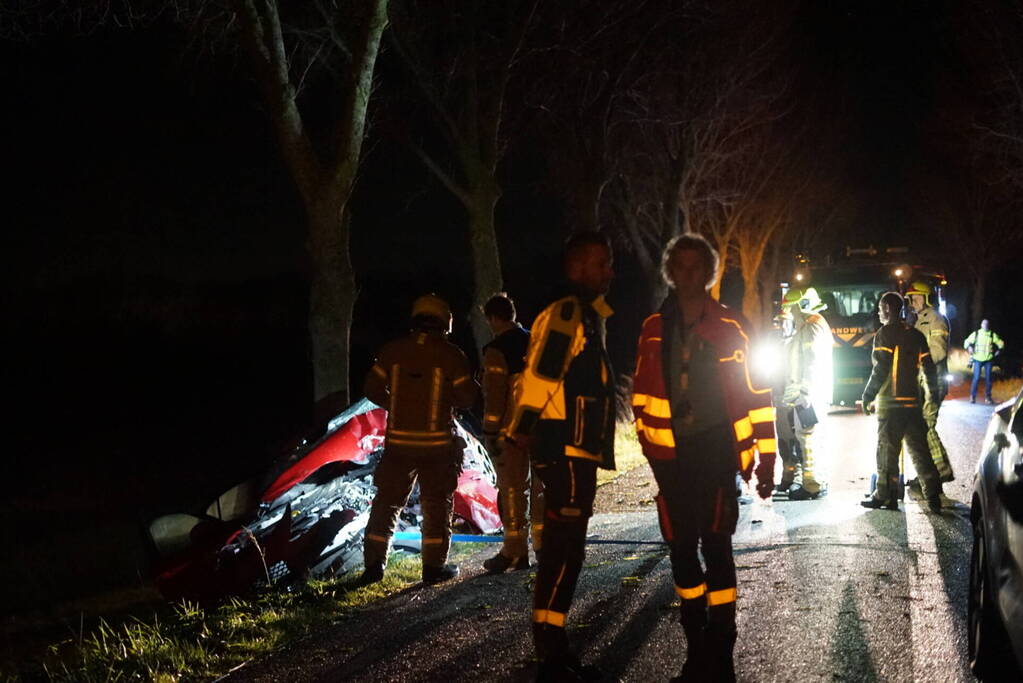 Auto zwaar beschadigd na frontale botsing tegen boom, bestuurder zwaargewond