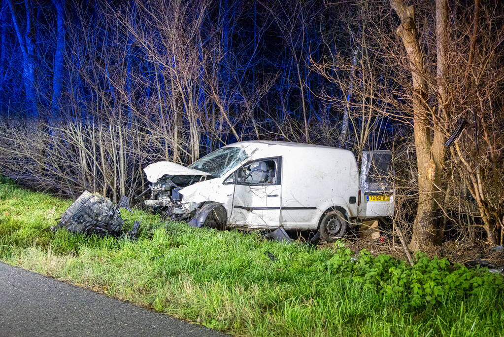 Bestelbus botst frontaal op boom naast snelweg