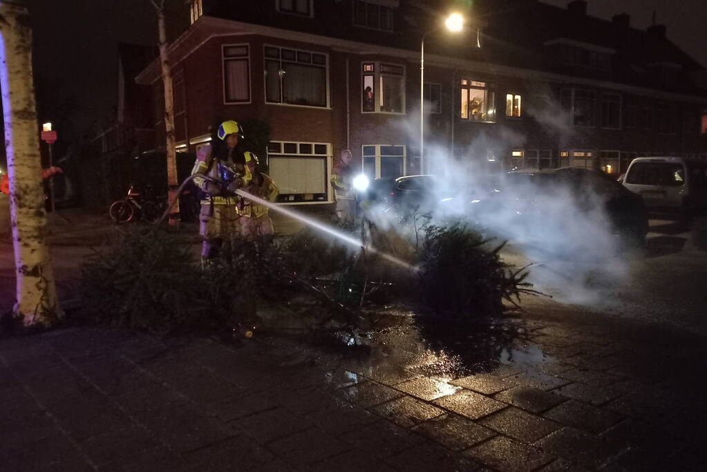 Brand in grote stapel kerstbomen