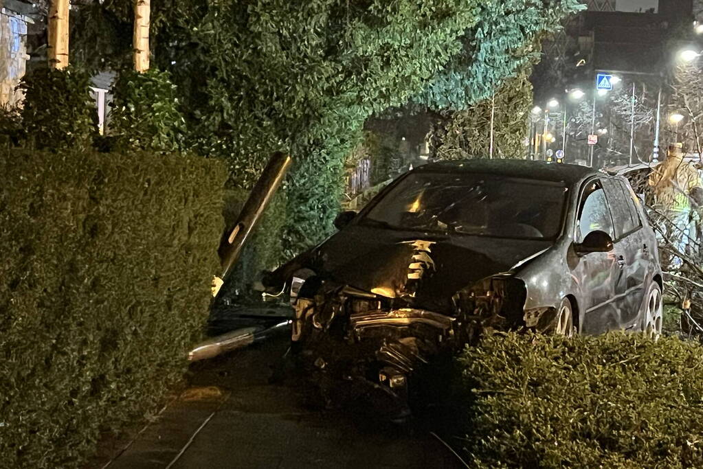 Automobilist rijdt boom en lantaarnpaal uit de grond