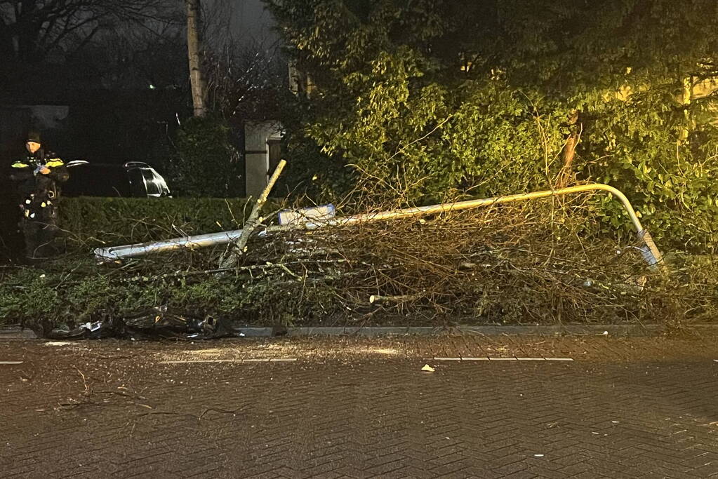 Automobilist rijdt boom en lantaarnpaal uit de grond