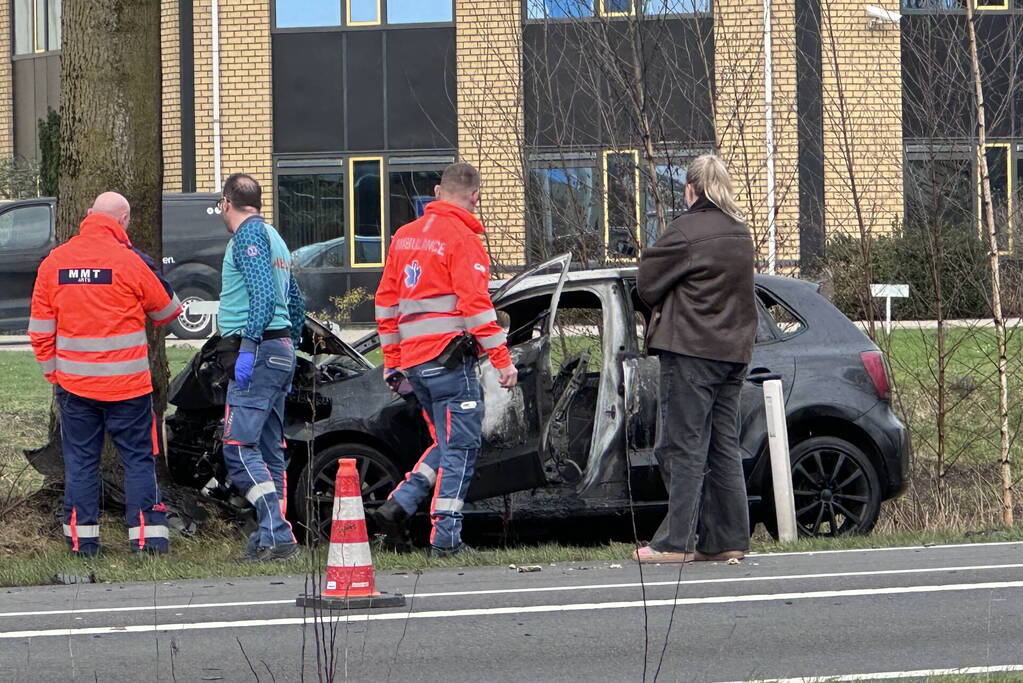 Auto vliegt in brand na frontale botsing tegen boom, bestuurder overleden