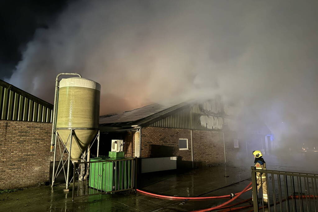 Uitslaande brand in stal, brandweer probeert dieren te redden