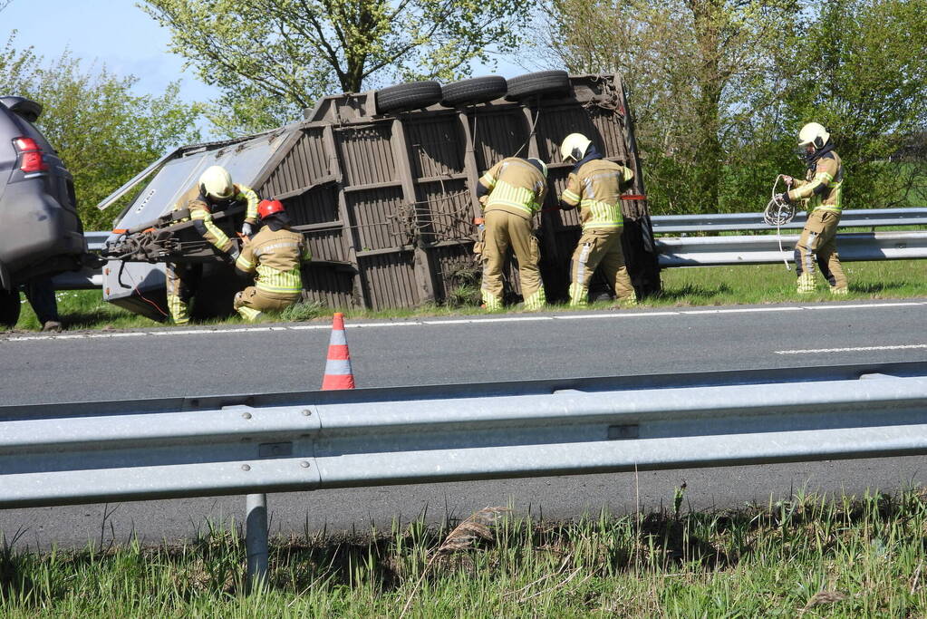 Koeien vast in gekantelde veewagen