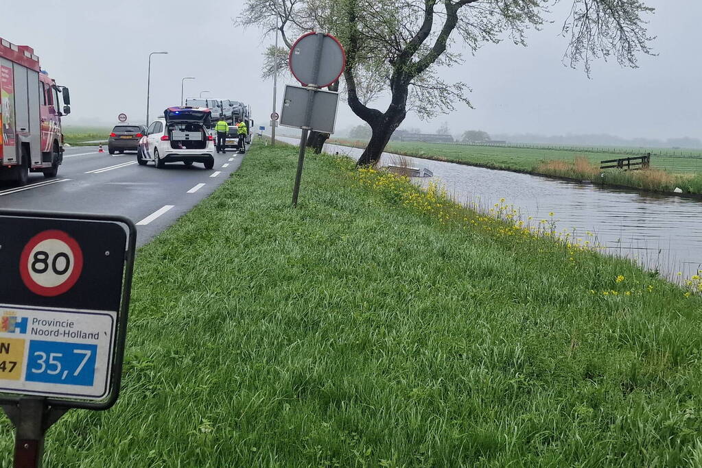 Camper raakt van de weg belandt in het water