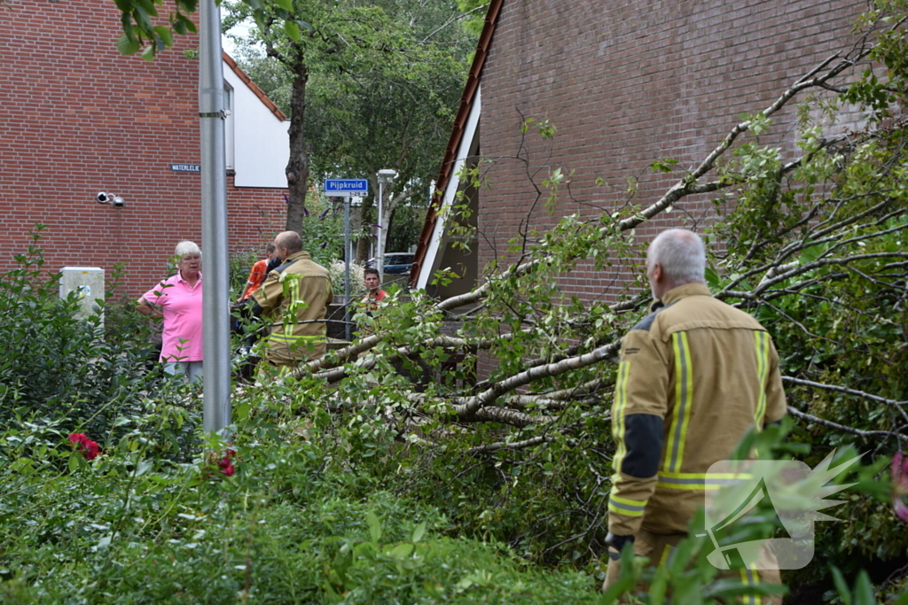 Boom waait tegen woning