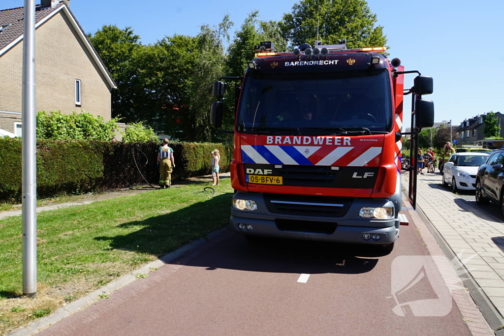 Kinderen blussen met brandweer brandende coniferenhaag