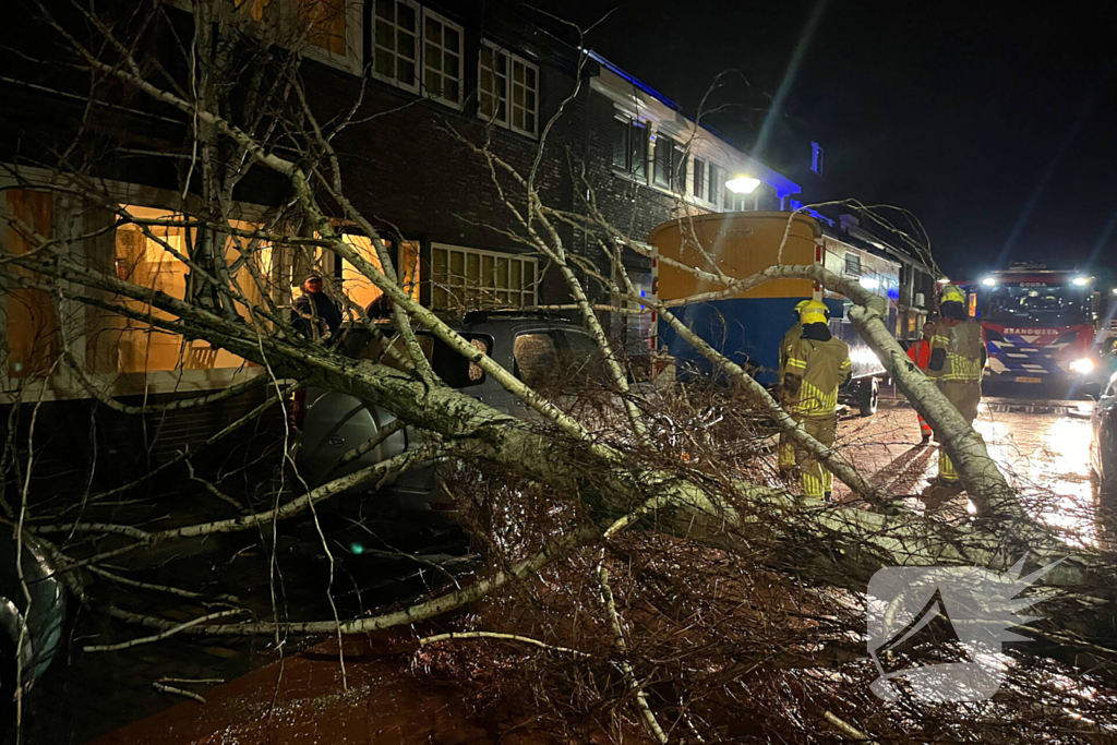 Boom valt op geparkeerde auto door sterke wind