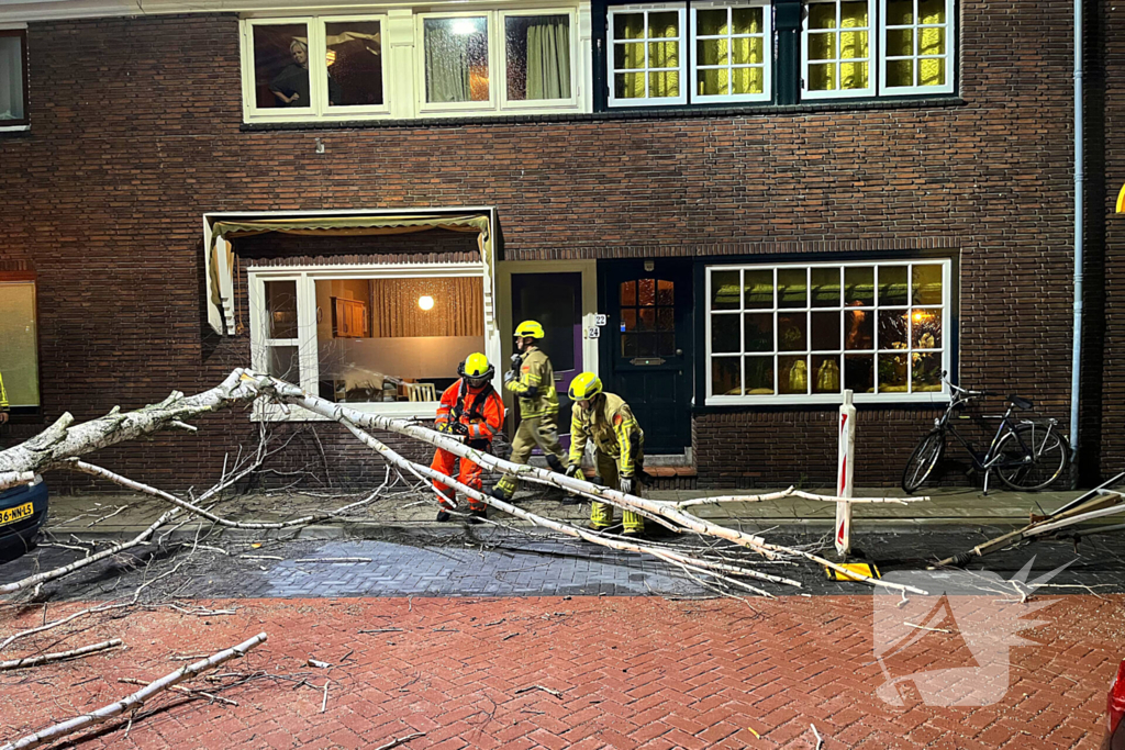 Boom valt op geparkeerde auto door sterke wind