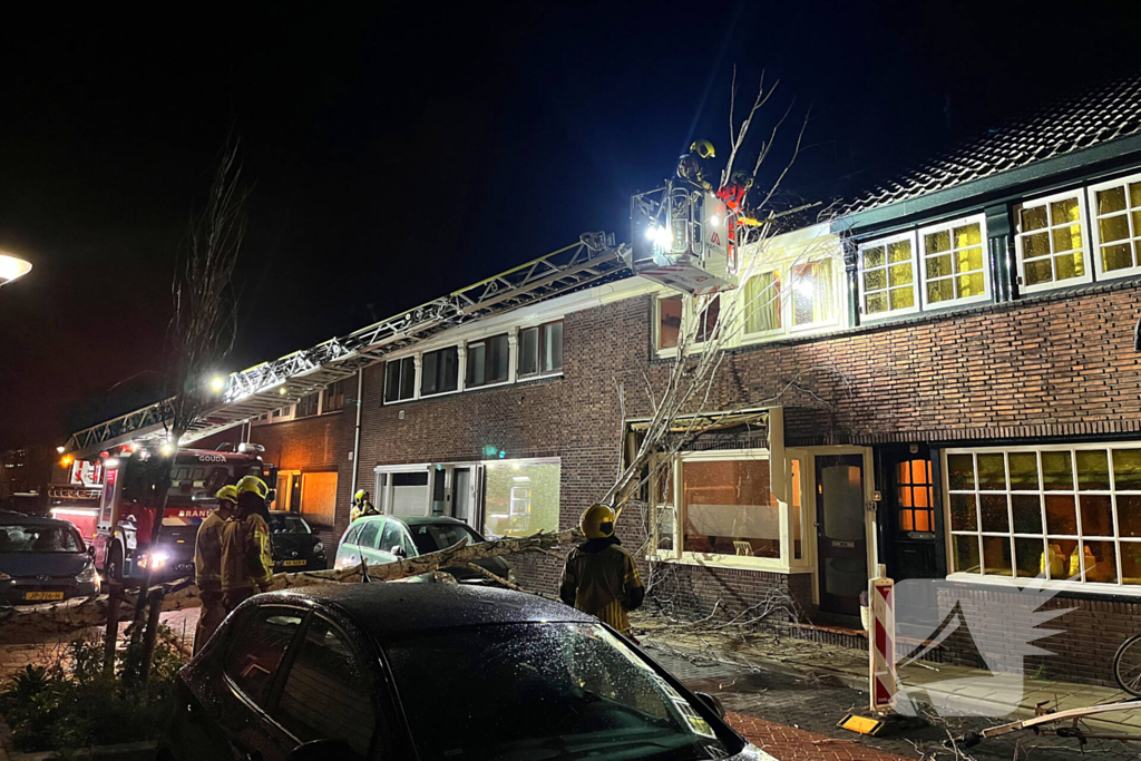 Boom valt op geparkeerde auto door sterke wind