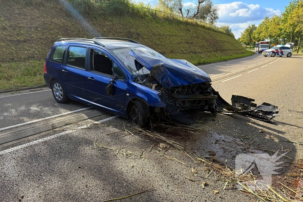 Auto krijgt klapband, bestuurder verliest macht over stuur en klapt op boom