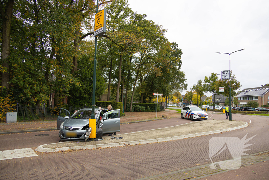 Automobilist ramt verkeersbord en lantaarnpaal