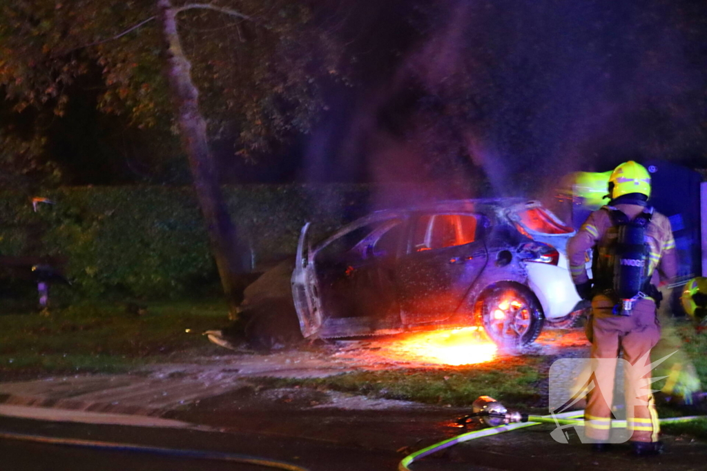 Auto uitgebrand na crash tegen boom