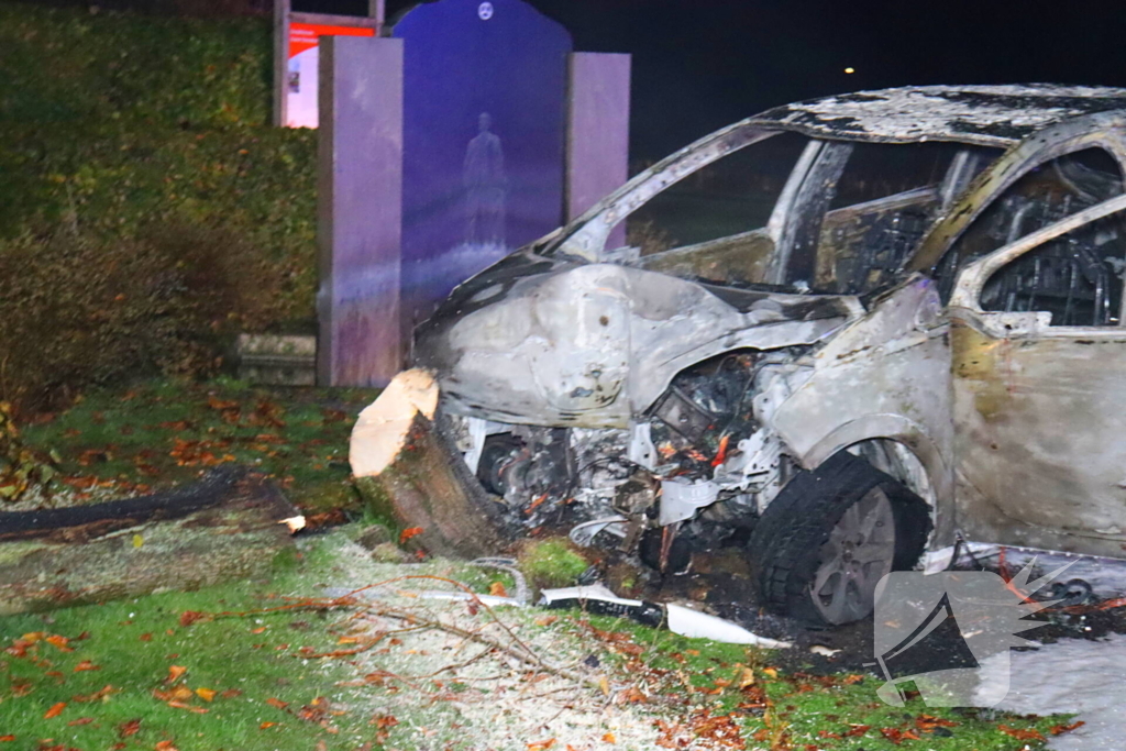 Auto uitgebrand na crash tegen boom