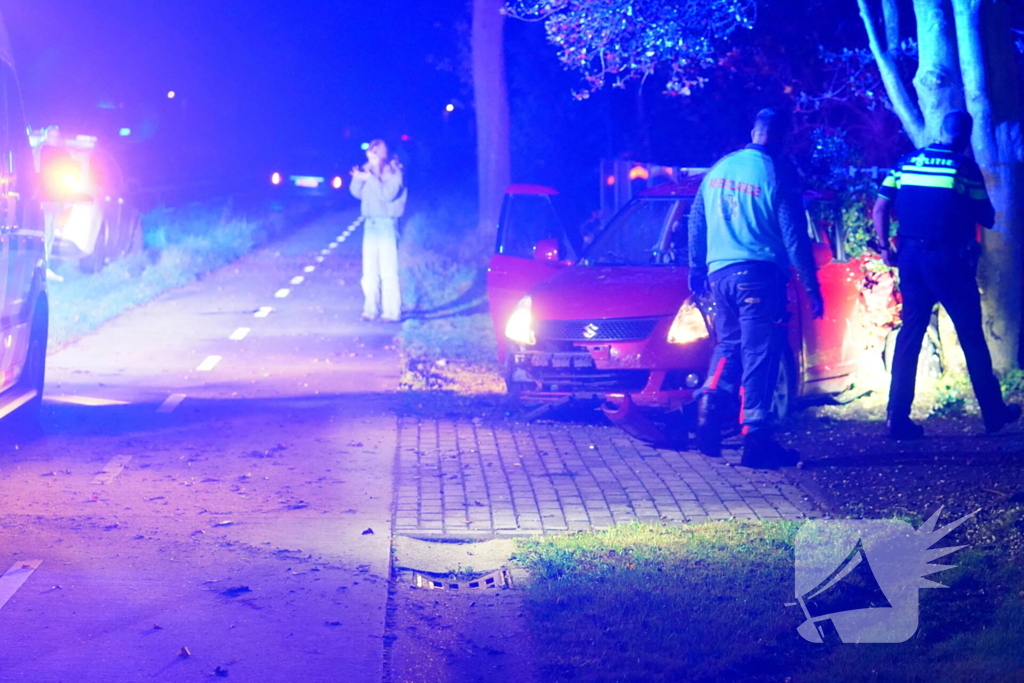 Auto raakt van de weg, botst tegen boom en eindigt in voortuin