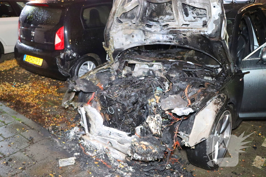 Geparkeerde personenauto totaal verwoest door brand