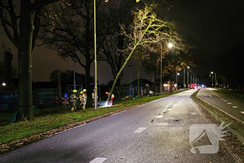 Brandweer zaagt over weg hangende boom om