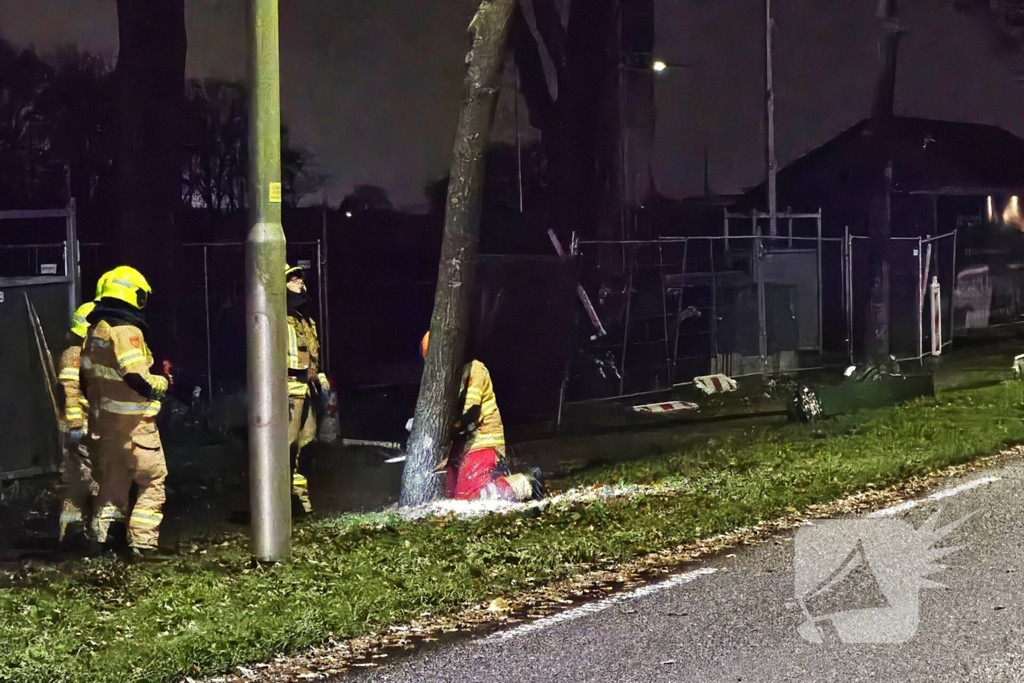 Brandweer zaagt over weg hangende boom om