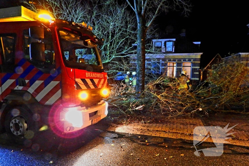 Auto bedolven onder boom, brandweer staakt zaagwerkzaamheden