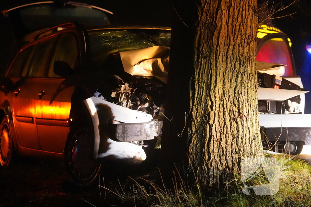 Auto raakt van de weg en botst tegen boom