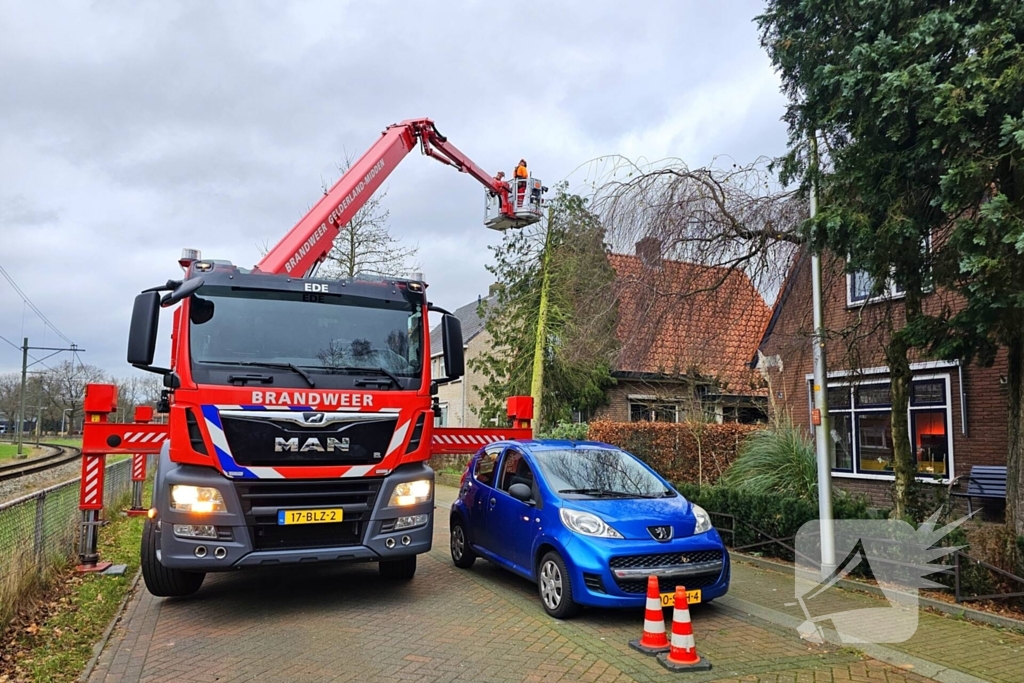 Boom valt tegen woning door harde wind