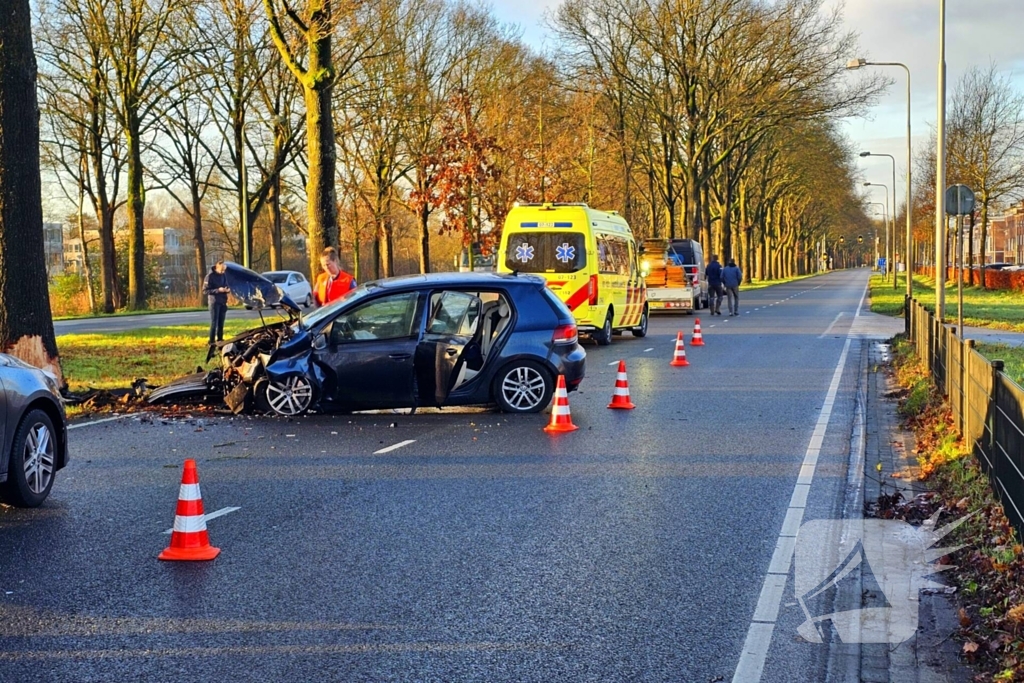 Auto loopt forse schade op na botsing met boom