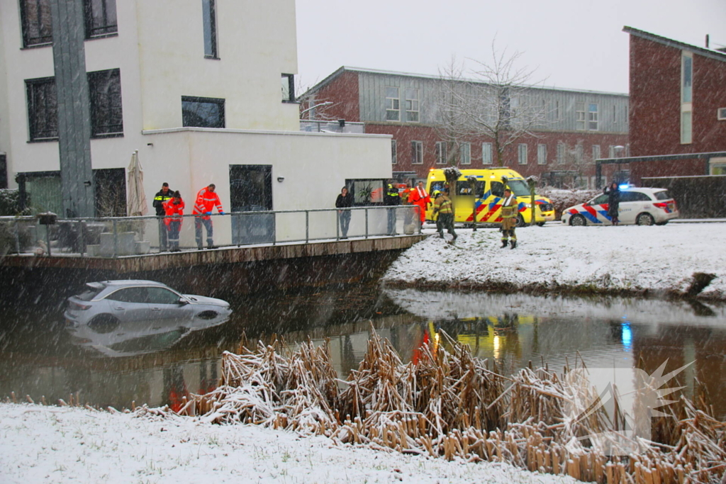 Auto te water, brandweer redt bestuurder uit het koude water