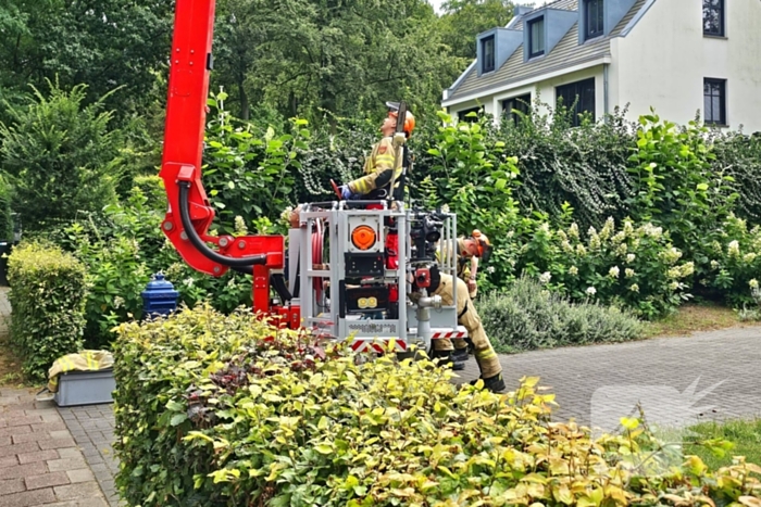 Brandweer verwijdert gevaarlijk hangende tak met hoogwerker