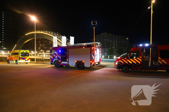 Persoon klimt op palen onder brug en word gebeten door politiehond