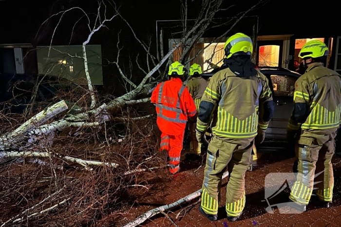 Boom valt op geparkeerde auto door sterke wind